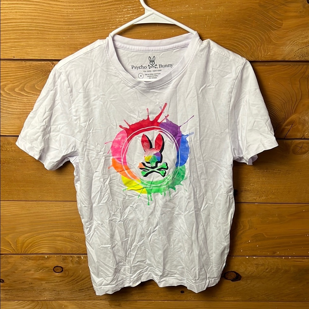 Psycho Bunny Mens Rowson Short Sleeve White T Shirt 4 Rainbow colors Pima Cotton